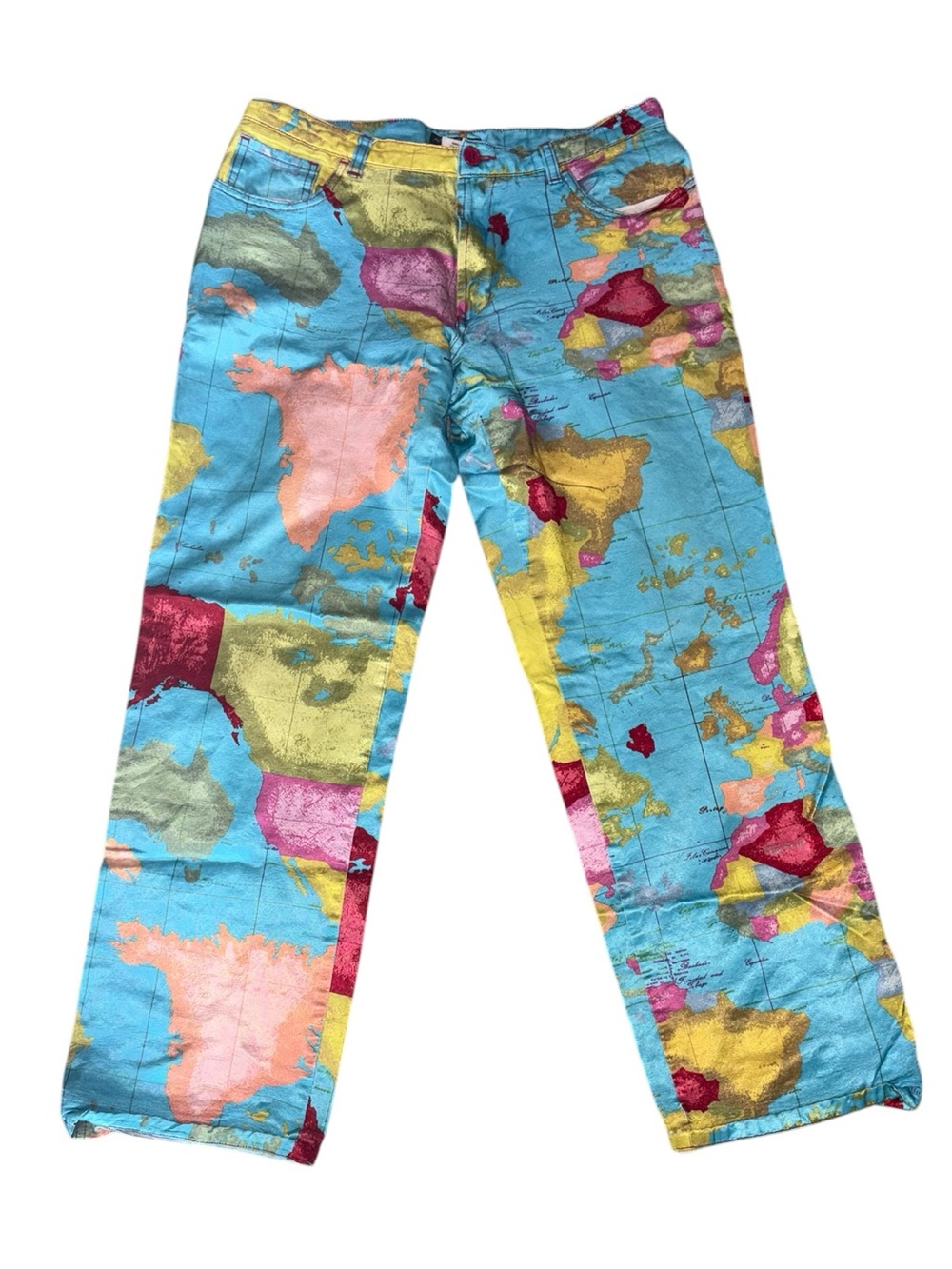 RARE Alviero Martini Italy Vintage Sateen Geo Classic World Map Print Pants - M